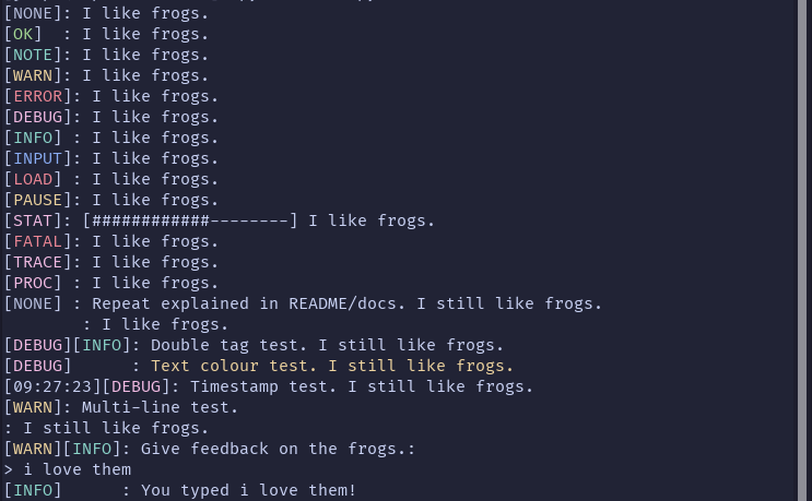 Test script output showcasing Cerbose functions